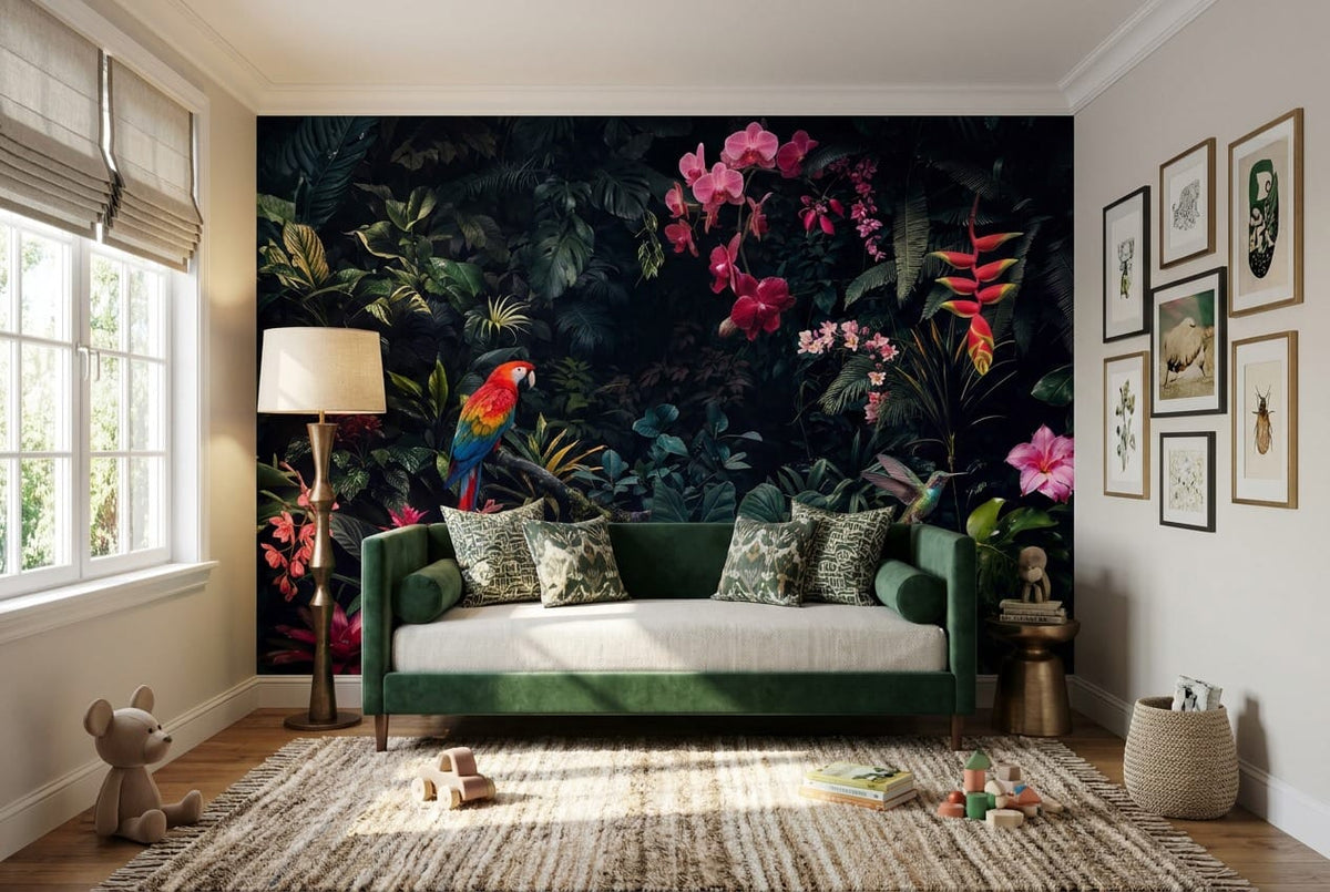Plum Macaw Orchid Dark Jungle Wallpaper Mural in custom