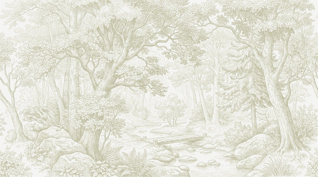 Olive Green Engraving European Forest Green Wallpaper Mural scene image