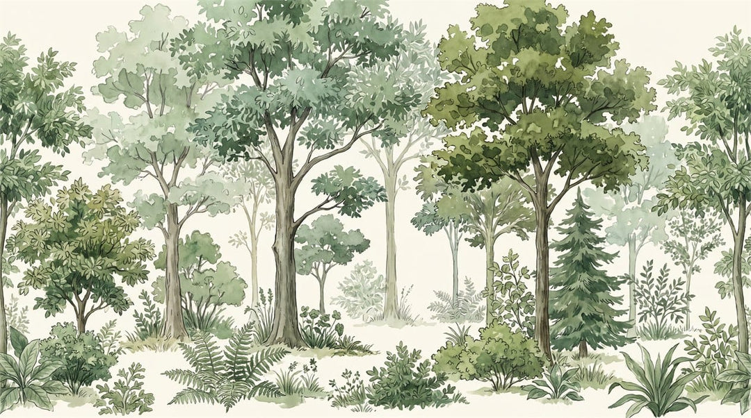Soft Green Watercolor Nordic Forest Green Wallpaper Mural scene image