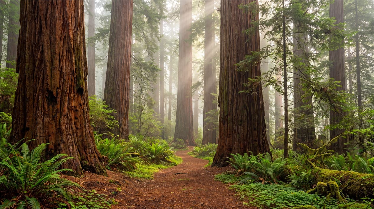Misty Sunbeam Redwood Forest Path Wallpaper Mural