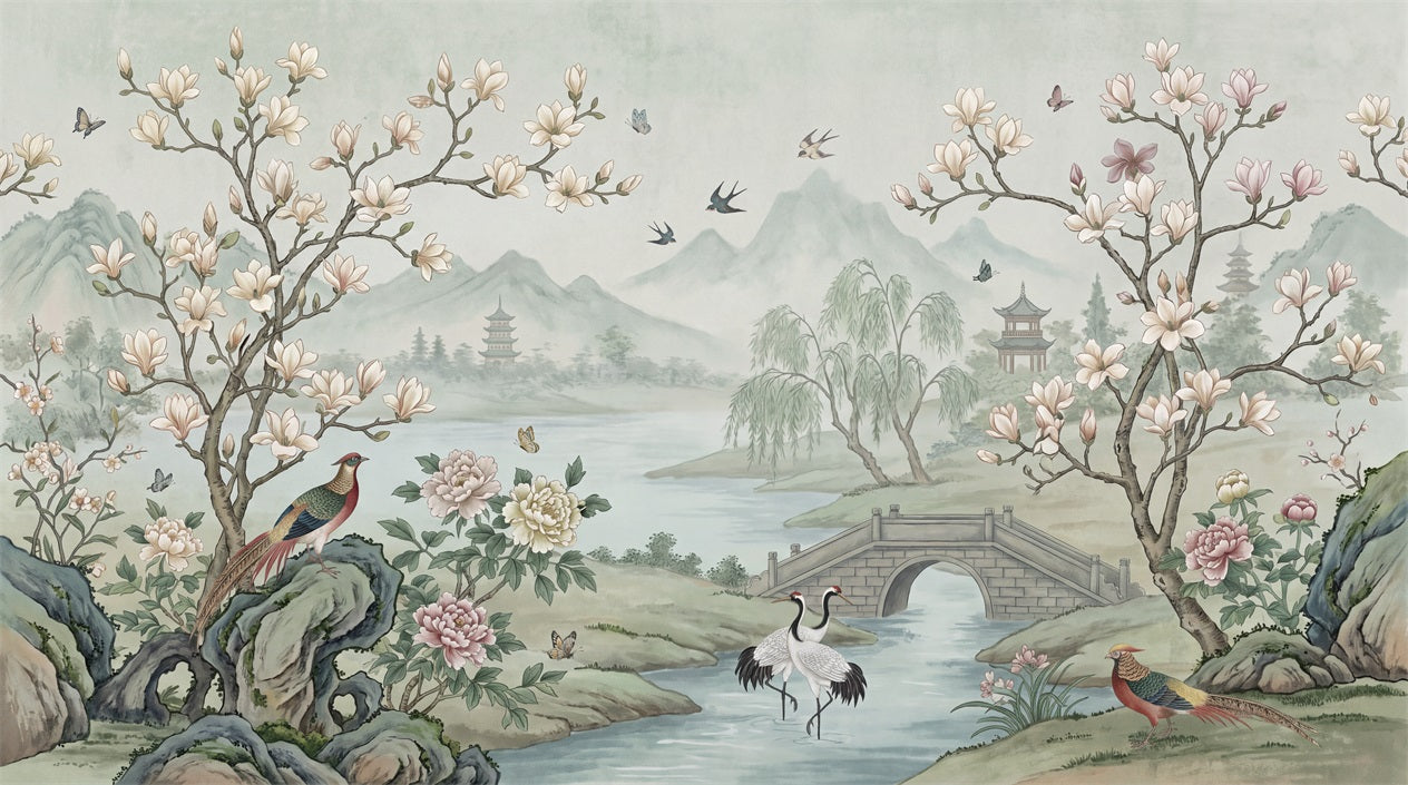 Pale Green Blossom Bridge Landscape Wallpaper Mural