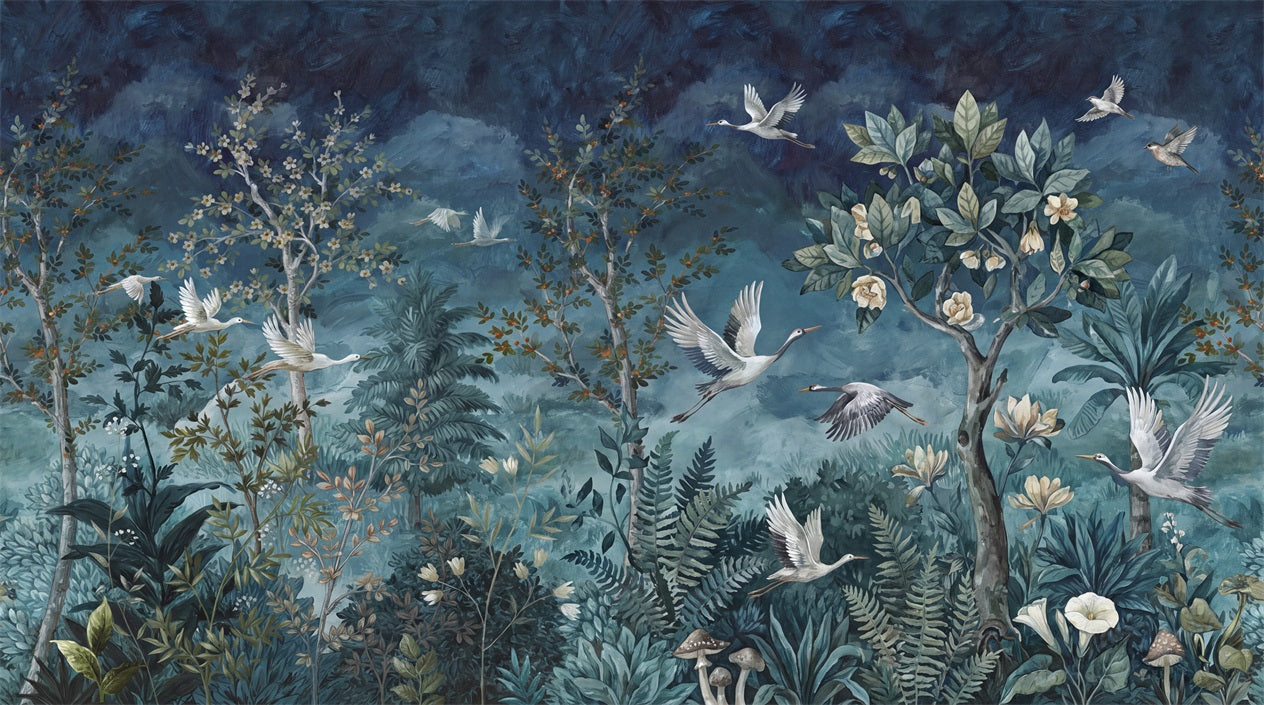 Navy Botanical Birds And Flowers Wallpaper Mural