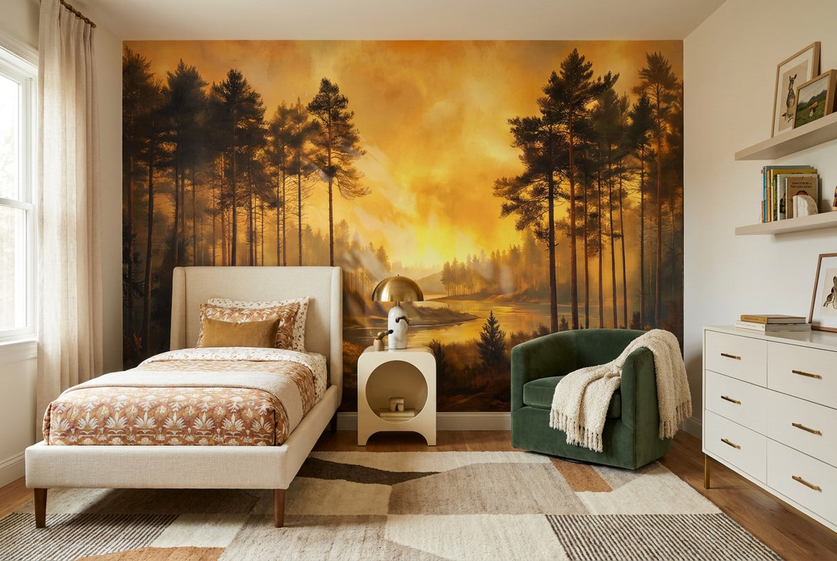 custom nursery gold forest sunset wallpaper mural stick on vinyl non woven removable