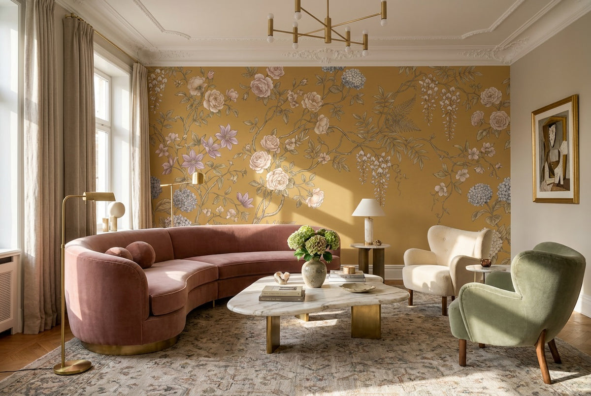 custom ochre floral wallpaper mural lounge peel and stick non woven vinyl removable