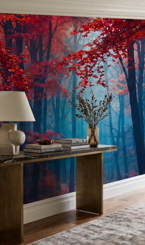 Crimson Blue Mist Autumn Forest Wallpaper Mural in custom