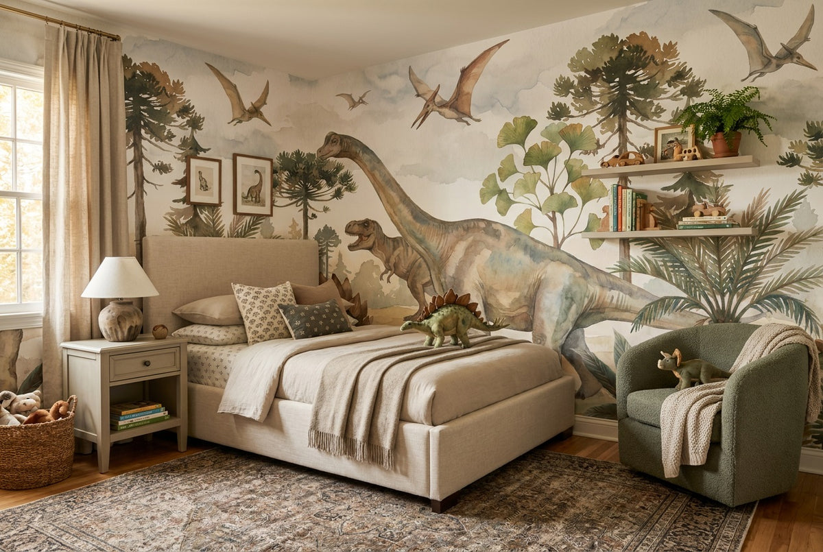 custom olive dinosaur kids removable non woven vinyl peel and stick wallpaper mural