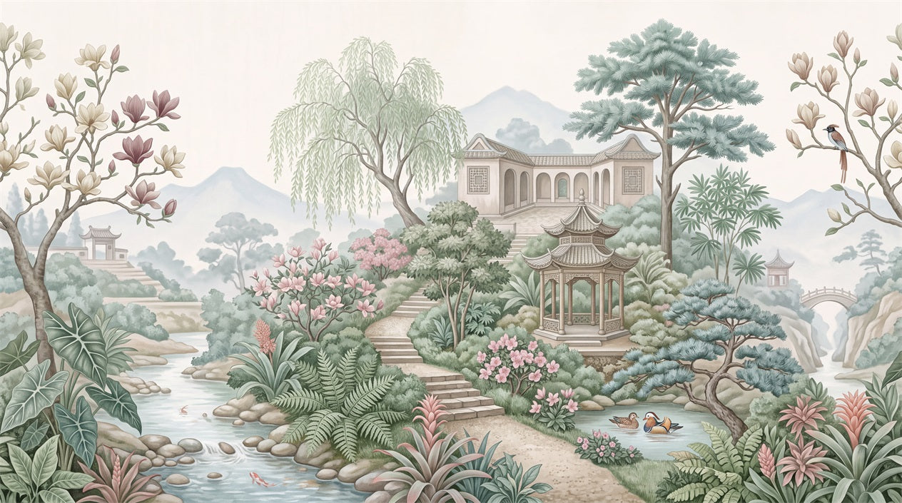 Green Layered Pavilion Landscape Wallpaper Mural