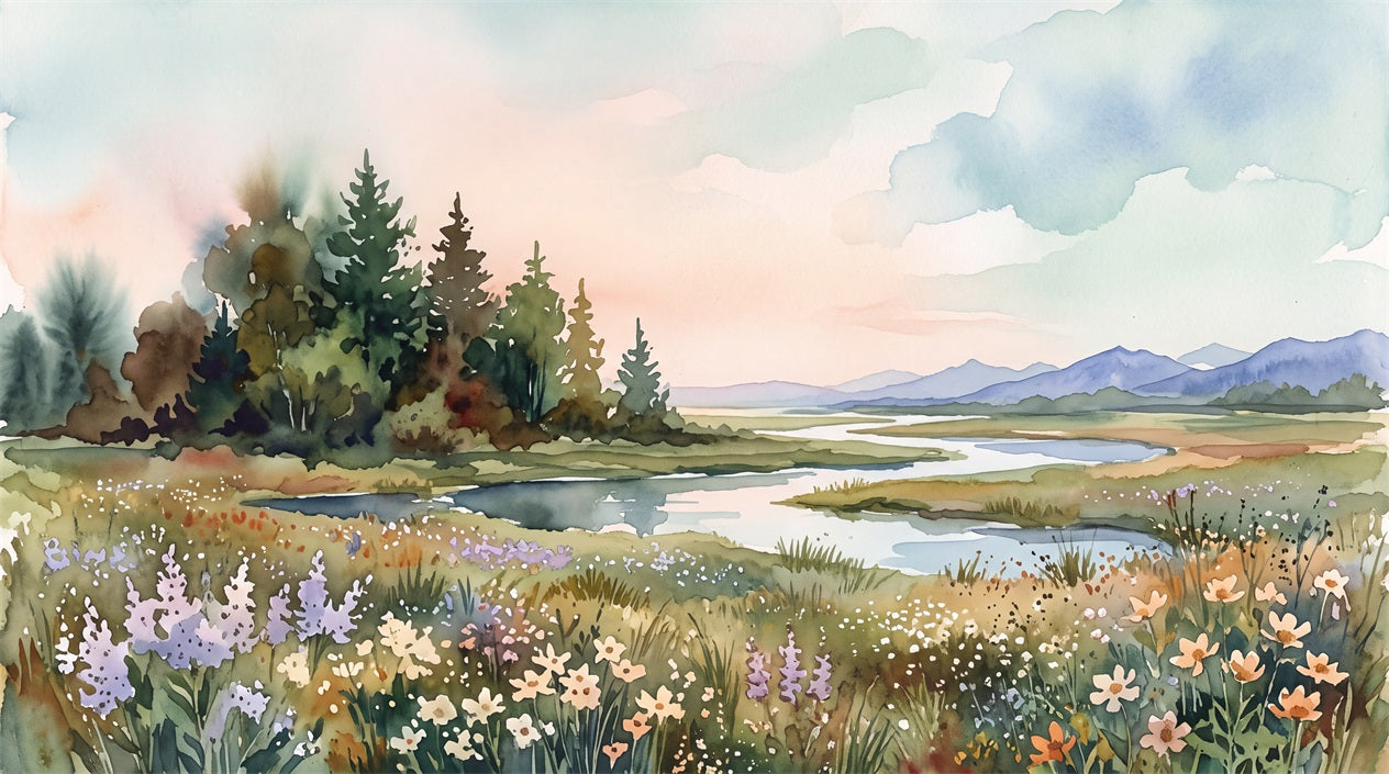 Watercolour Meadow and Evergreen River Wallpaper Mural