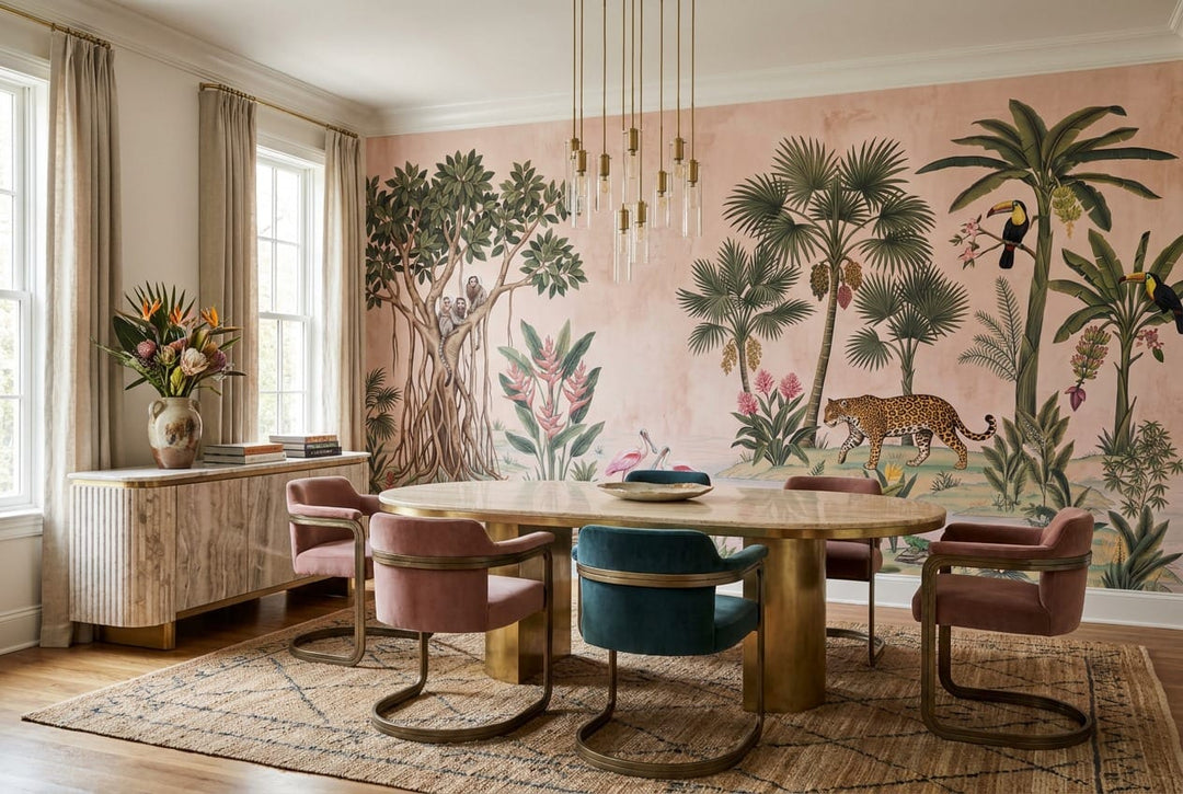 Pink Green Botanical Tropical Rainforest Wallpaper Mural scene image