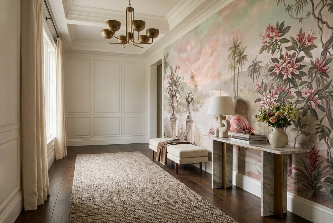 Blush Pink Botanical Tropical Rainforest Wallpaper Mural scene image