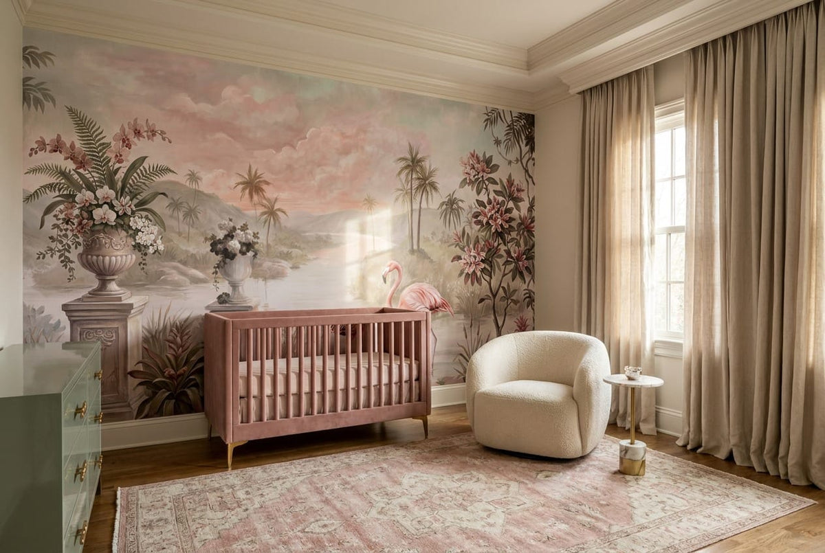 Blush Pink Botanical Tropical Rainforest Wallpaper Mural scene image