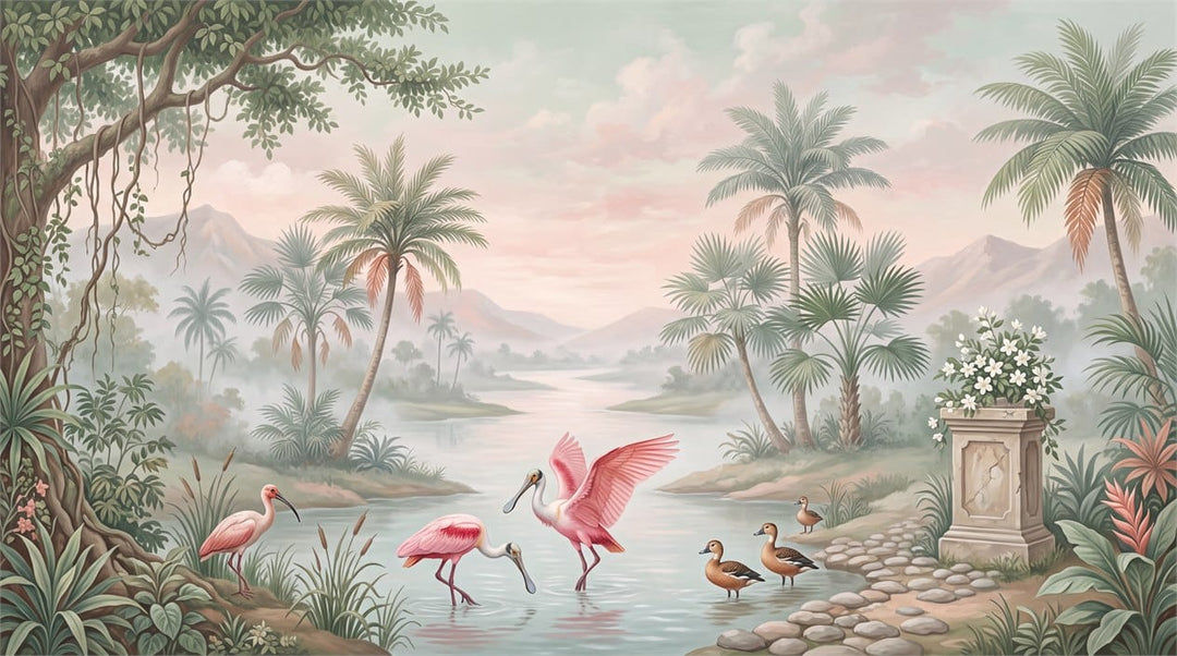 Emerald Pink Botanical Tropical Rainforest Wallpaper Mural scene image