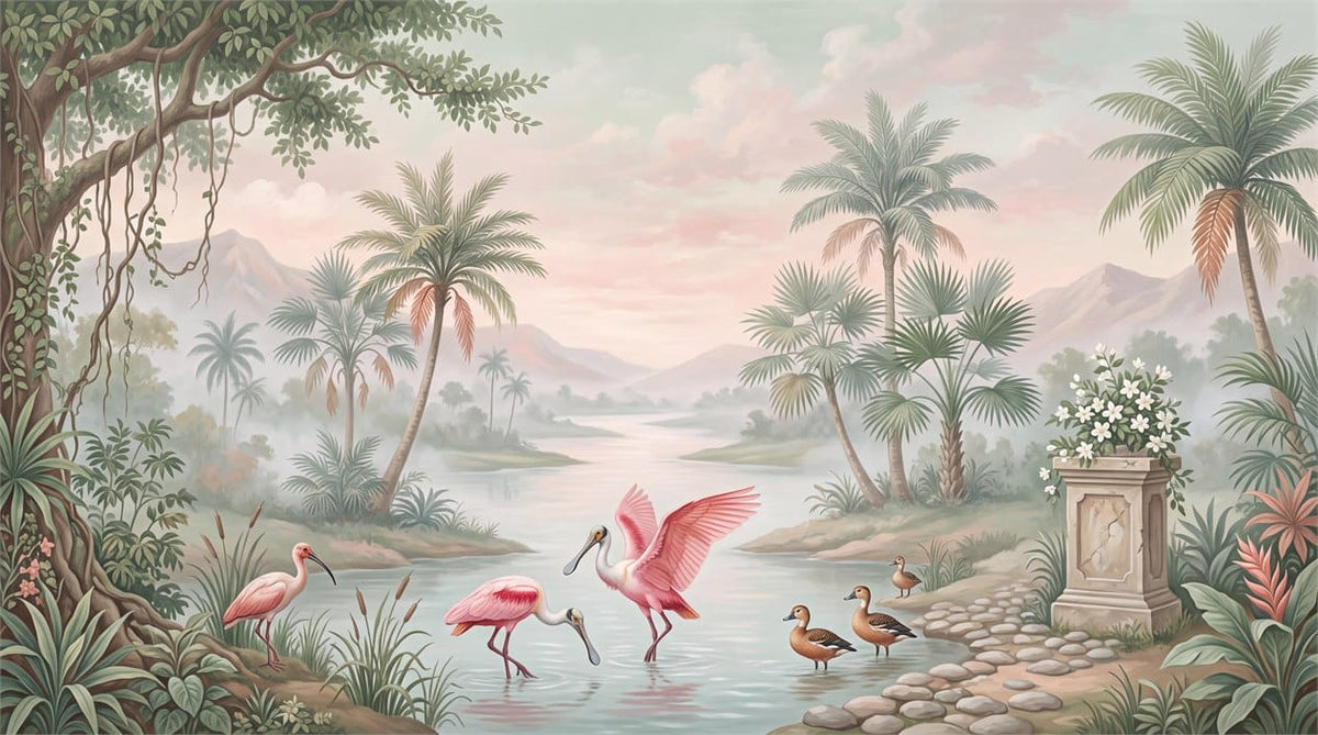 Emerald Pink Botanical Tropical Rainforest Wallpaper Mural scene image