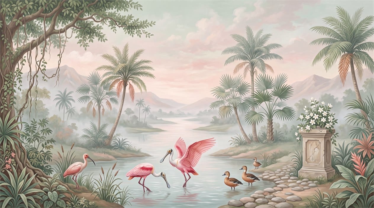 Emerald Pink Botanical Tropical Rainforest Wallpaper Mural