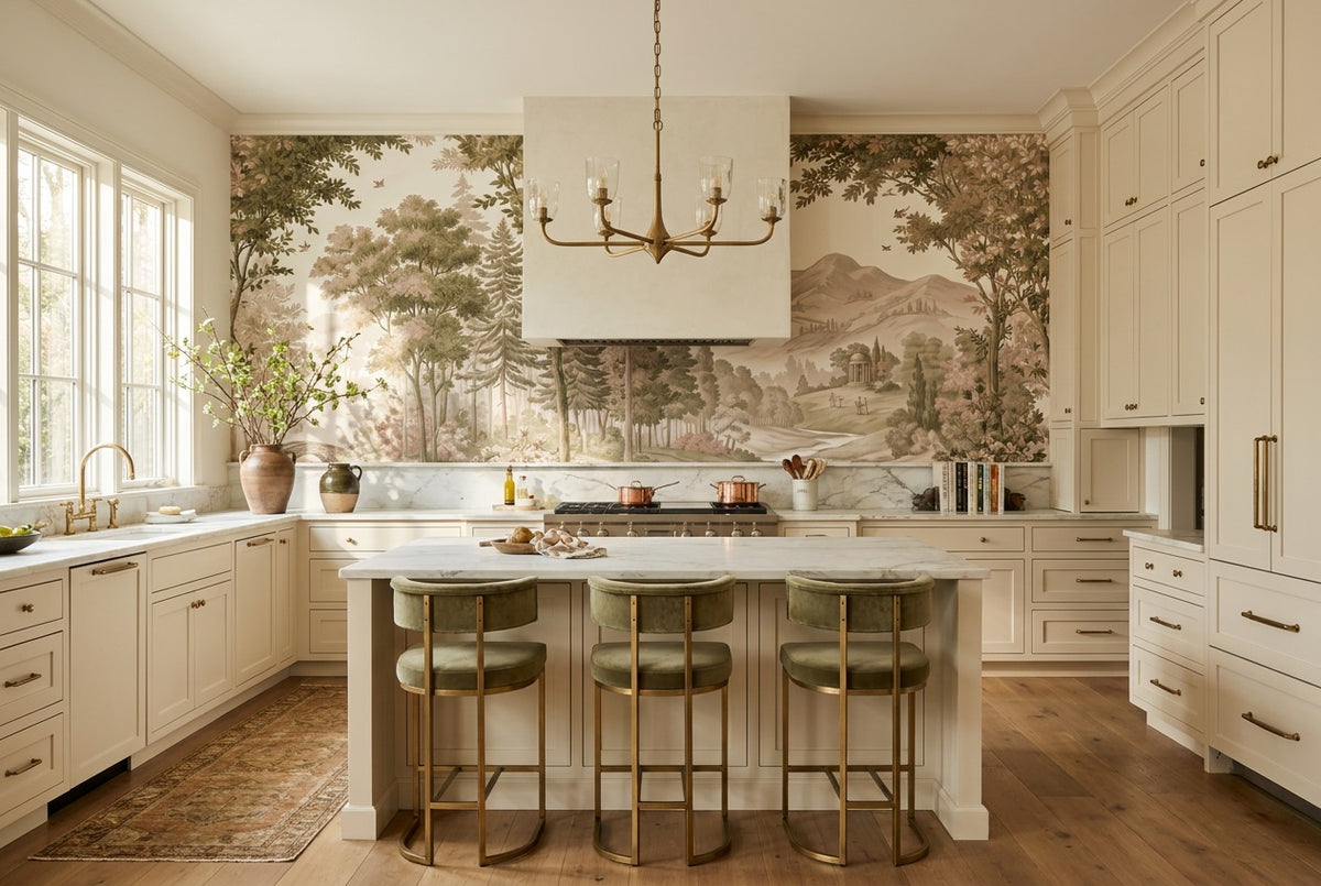 custom pink mountain forest kitchen removable non woven vinyl stick on wallpaper mural