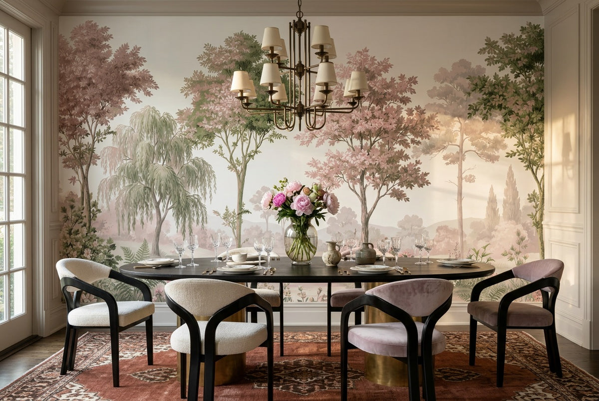 custom pink trees dining room removable non woven vinyl peel and stick wallpaper mural