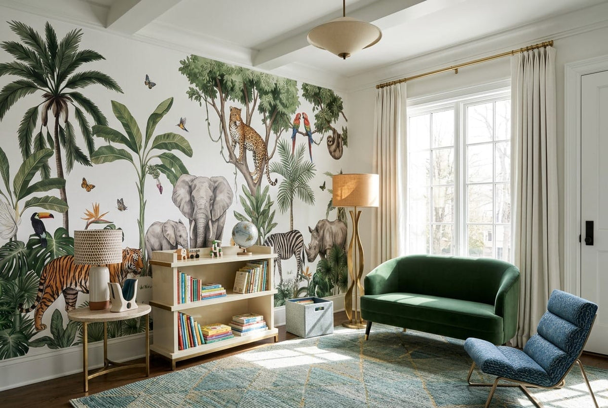 White Safari Animal Jungle Wallpaper Mural in custom
