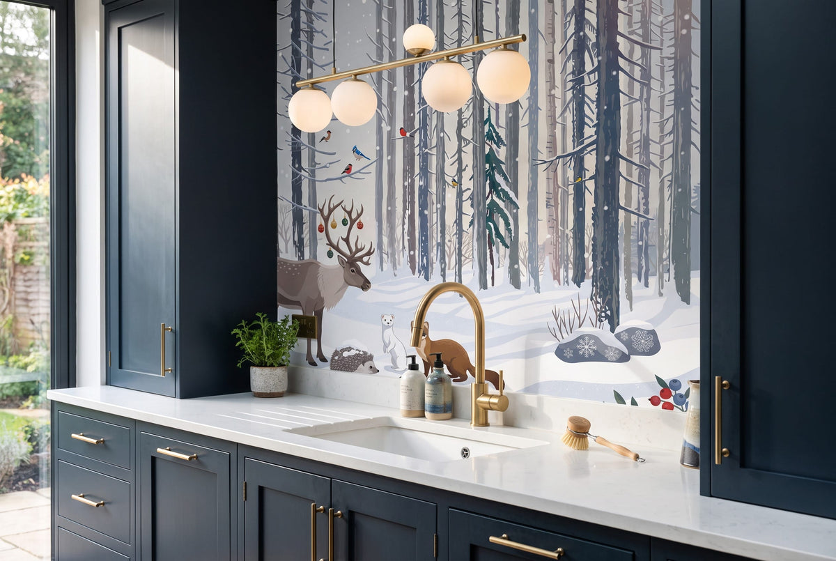 Pale Red Peaceful Nordic Winter Forest Wallpaper Mural in custom
