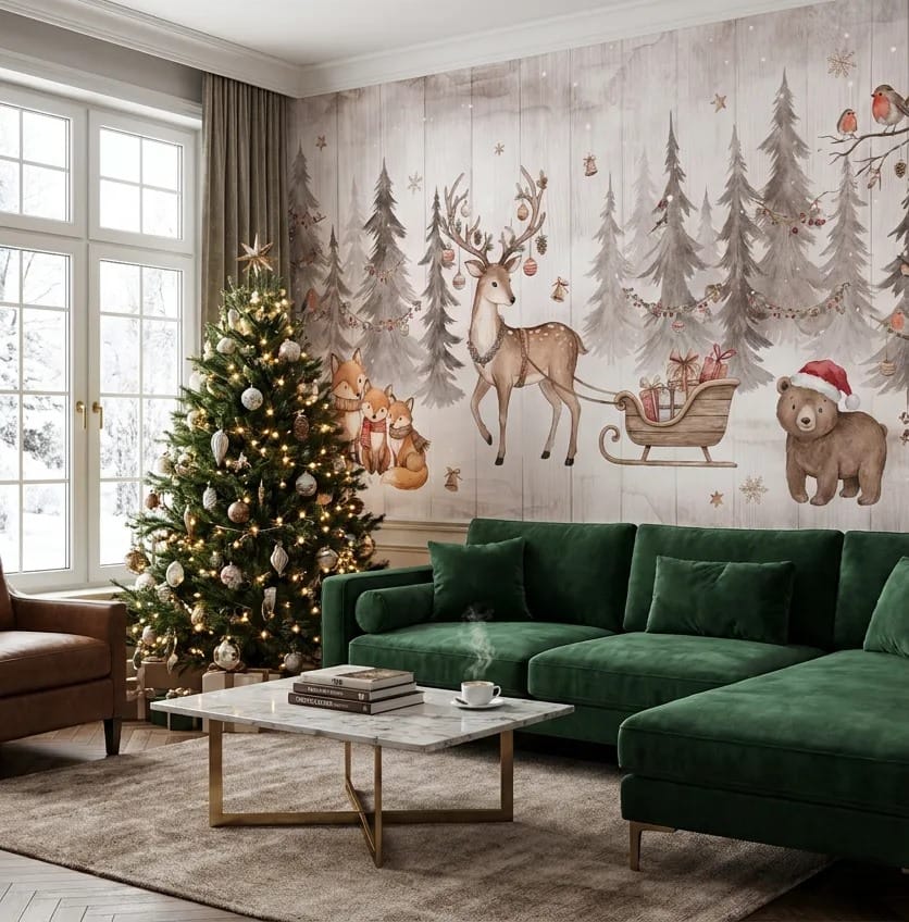 Cool Red Landscape Nordic Winter Forest Wallpaper Mural in custom