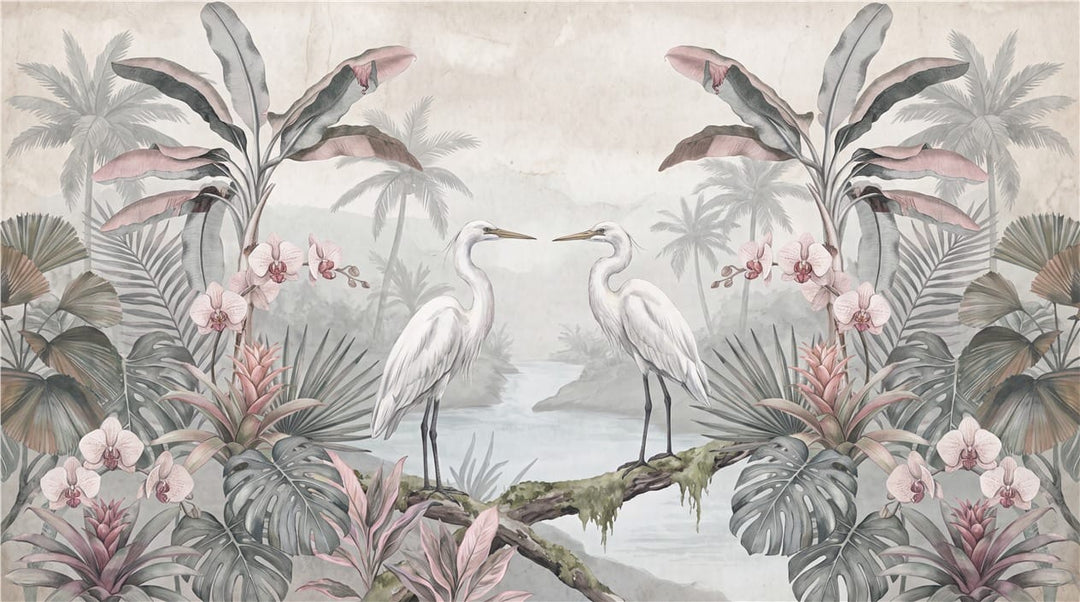 Blush Crane Orchid Tropical Jungle Wallpaper Mural in custom