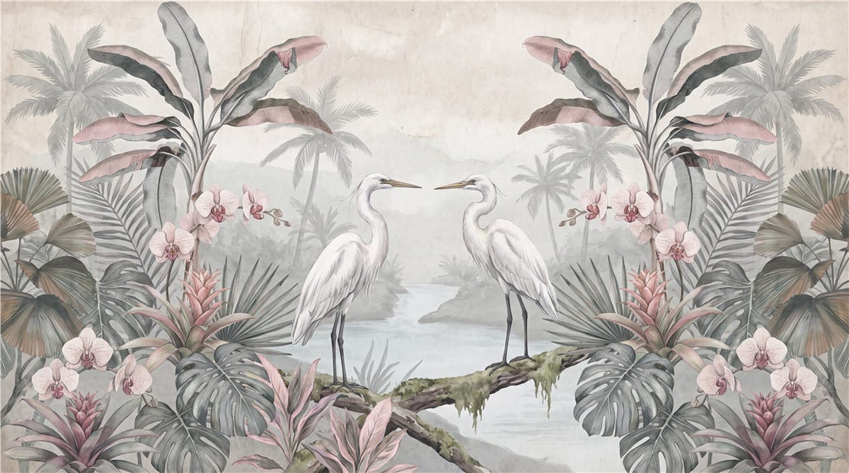 Blush Crane Orchid Tropical Jungle Wallpaper Mural