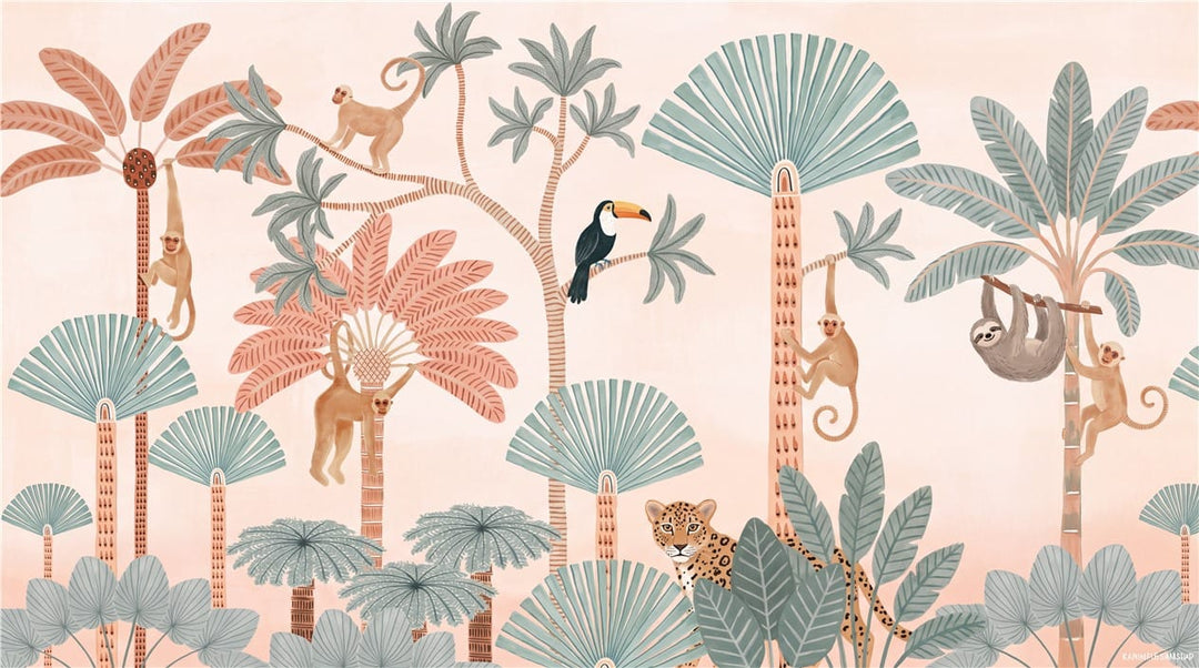 Blush Monkey and Leopard Jungle Wallpaper Mural in custom