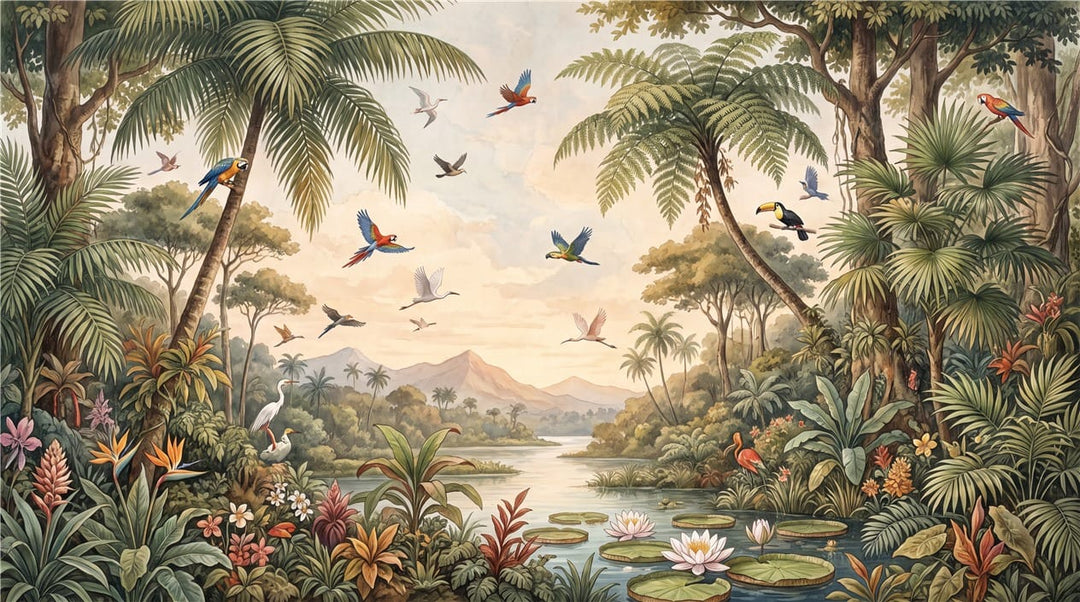 Faded Gold Watercolor Bird Vintage Jungle Wallpaper Mural in custom