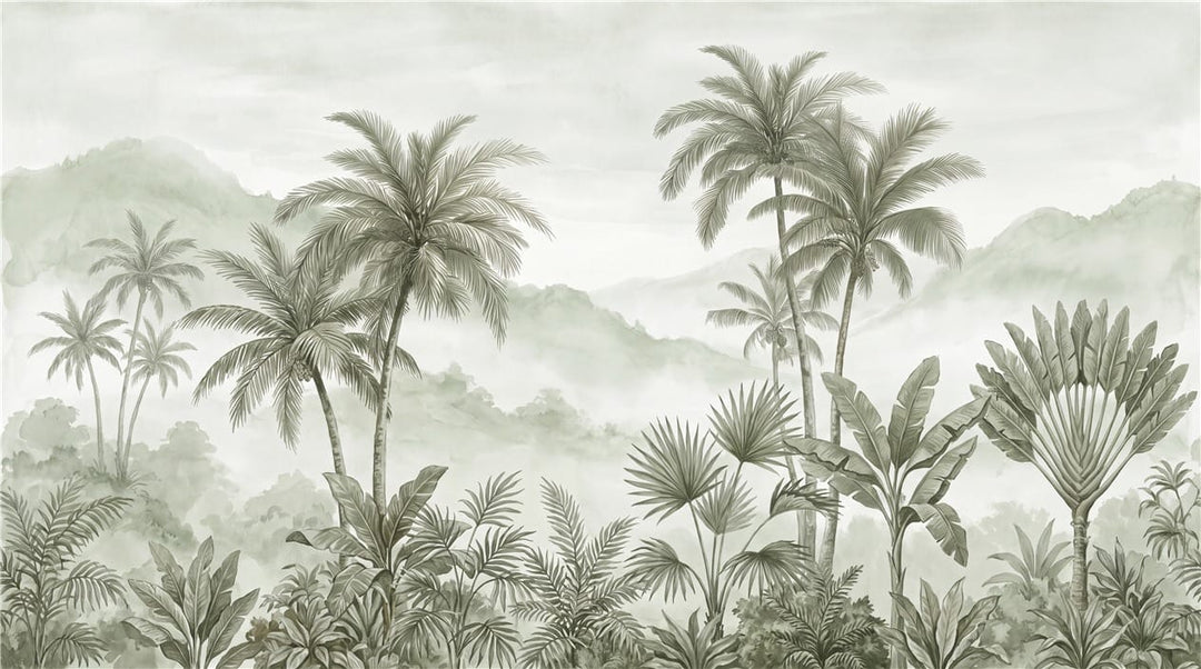 Mint Brown Hand Drawn Palm Vintage Jungle Wallpaper Mural in custom
