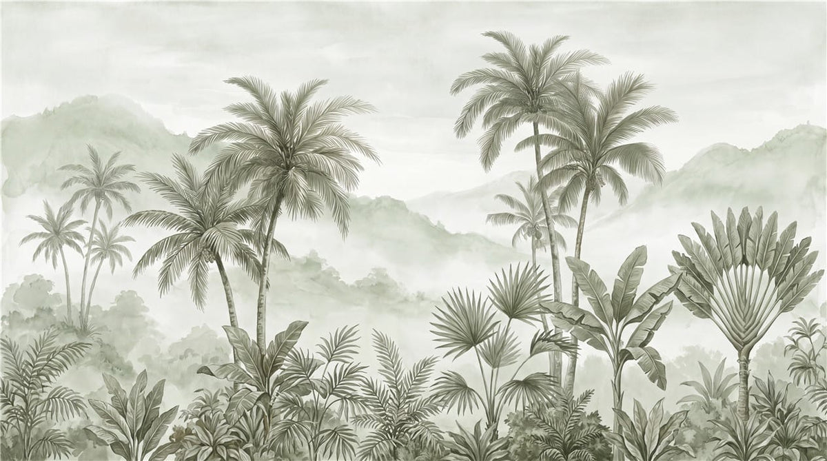 Mint Brown Hand Drawn Palm Vintage Jungle Wallpaper Mural in custom