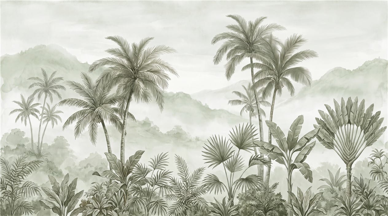 Mint Brown Hand Drawn Palm Vintage Jungle Wallpaper Mural