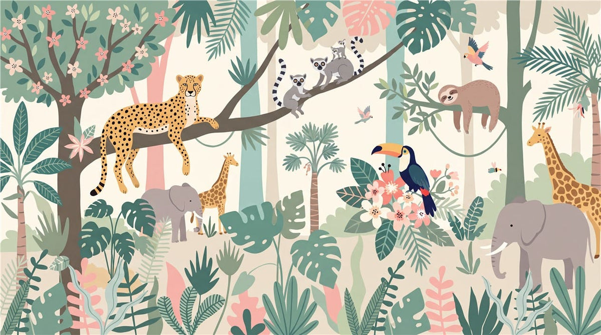 Pastel Storybook Safari Jungle Wallpaper Mural in custom