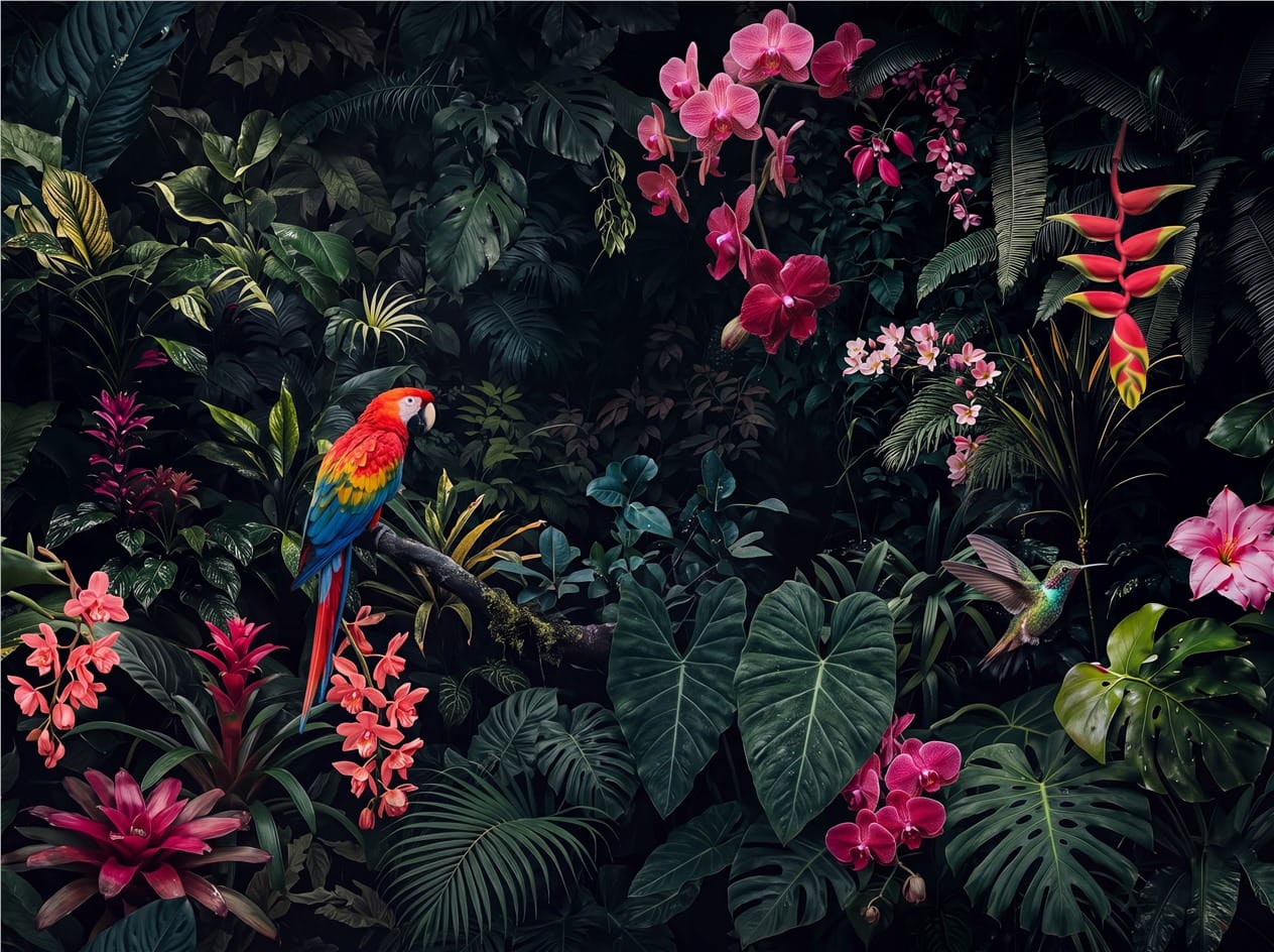 Plum Macaw Orchid Dark Jungle Wallpaper Mural