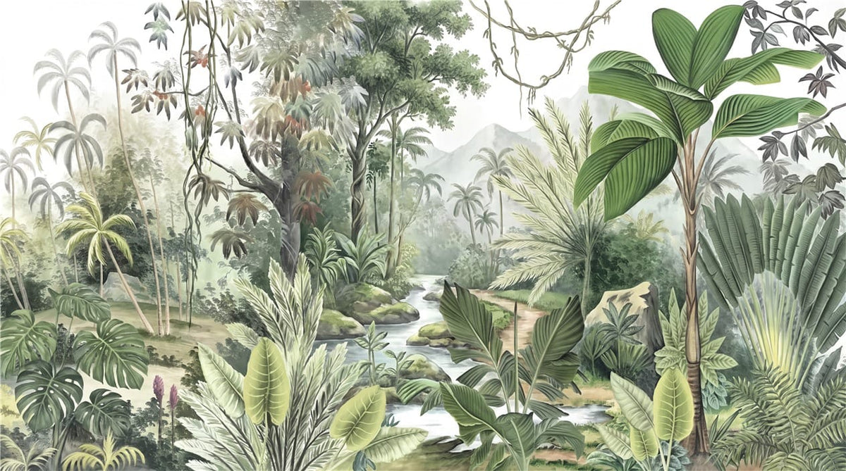 Soft Watercolor Valley Green Jungle Wallpaper Mural in custom