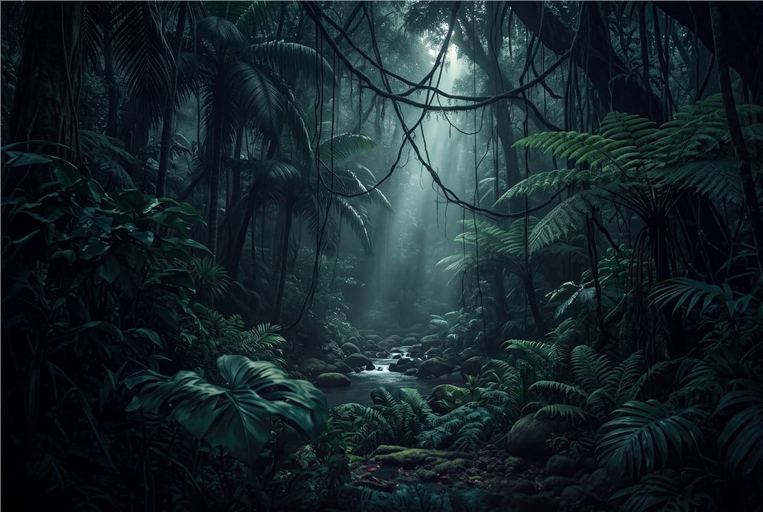 Teal Rainforest Stream Dark Jungle Wallpaper Mural in custom