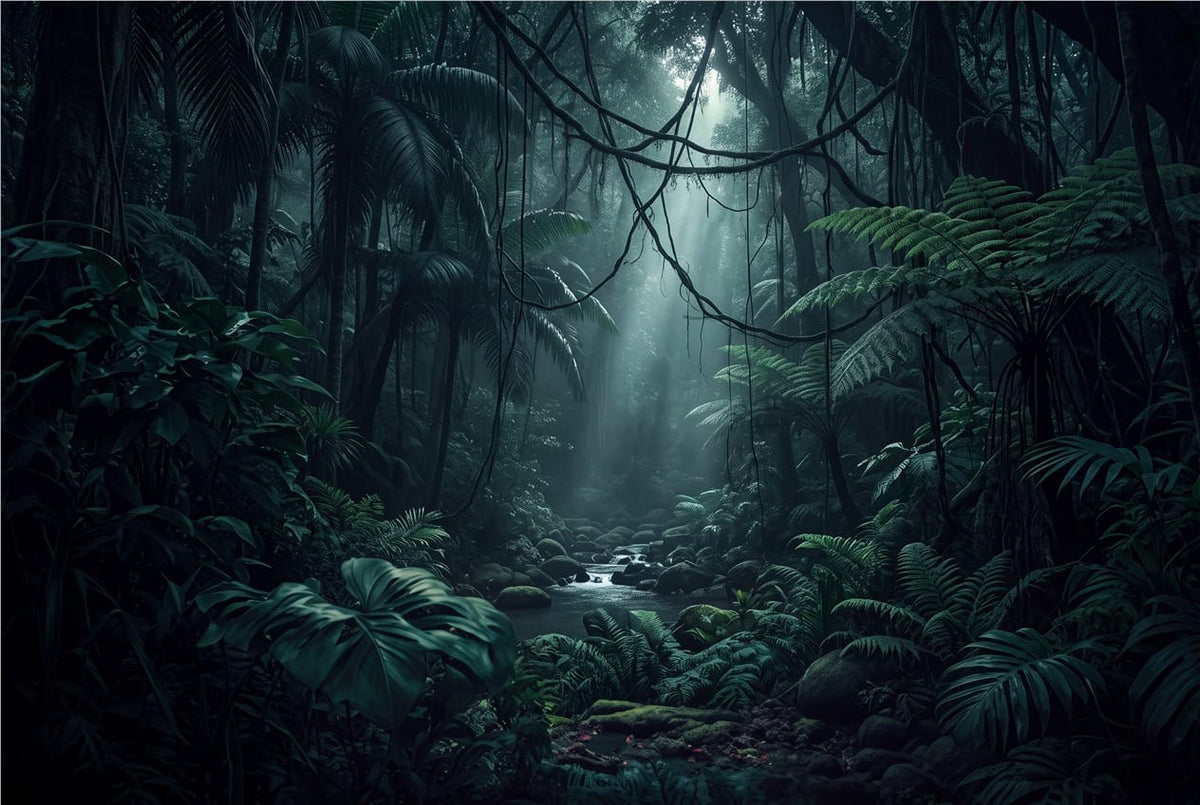 Teal Rainforest Stream Dark Jungle Wallpaper Mural in custom