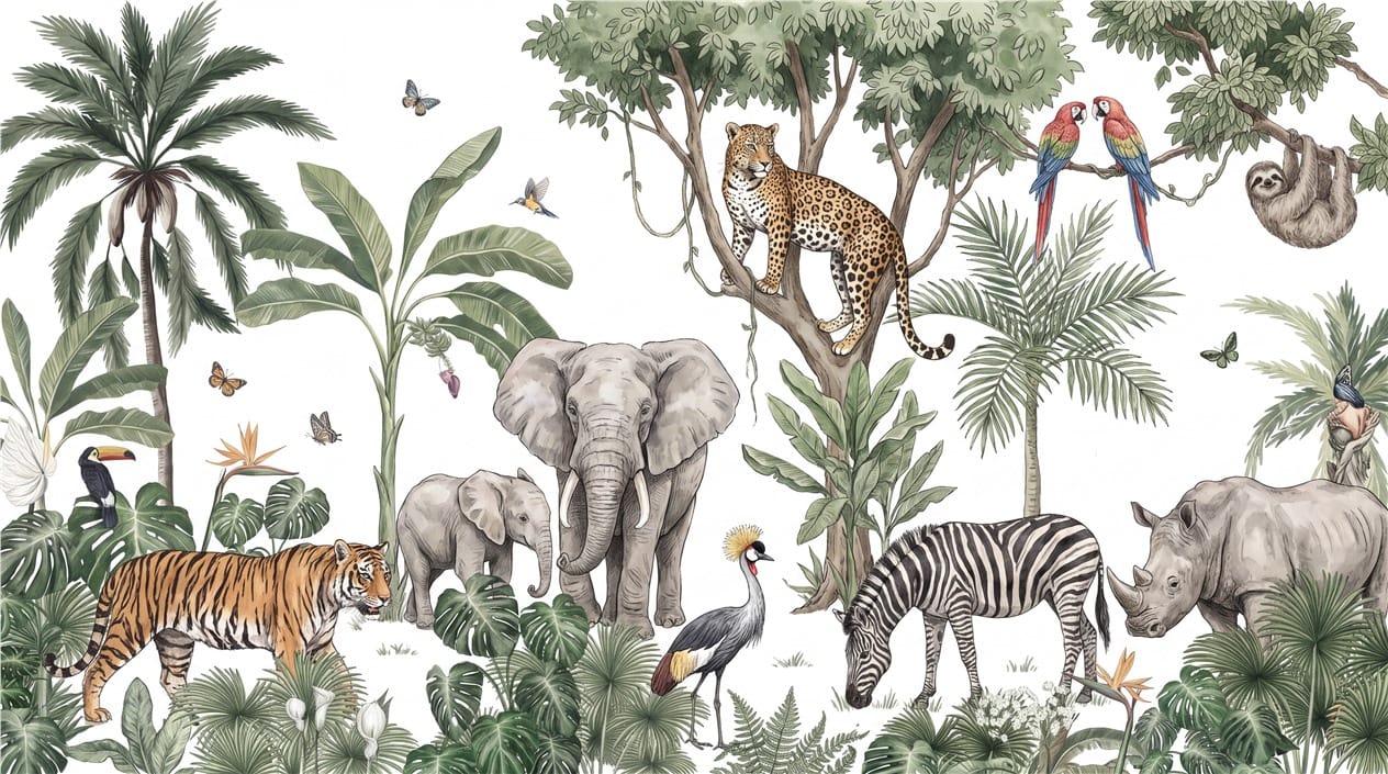 White Safari Animal Jungle Wallpaper Mural