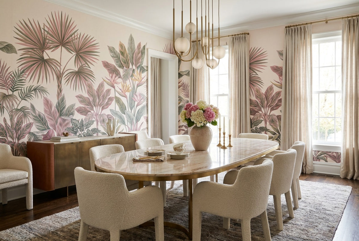 custom rose fan palms dining removable non woven vinyl peel and stick wallpaper mural