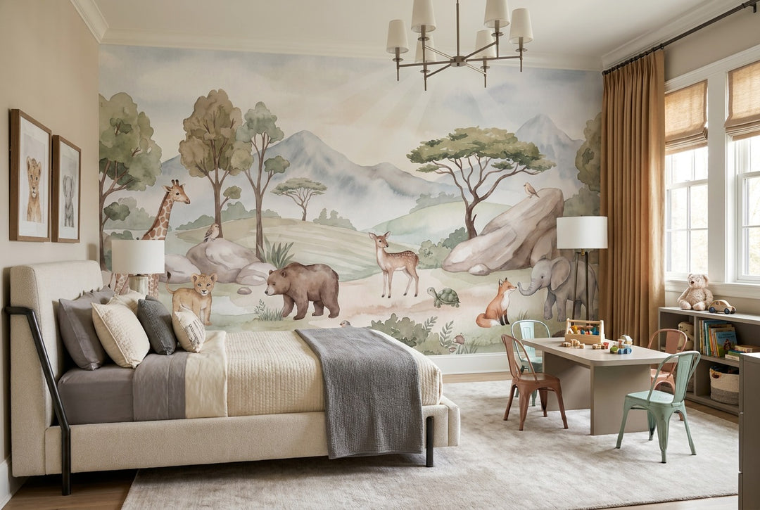 custom sage animals kids room removable non woven vinyl peel and stick wallpaper mural