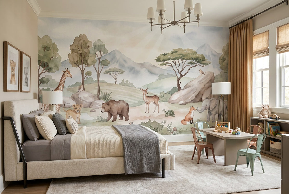 custom sage animals kids room removable non woven vinyl peel and stick wallpaper mural
