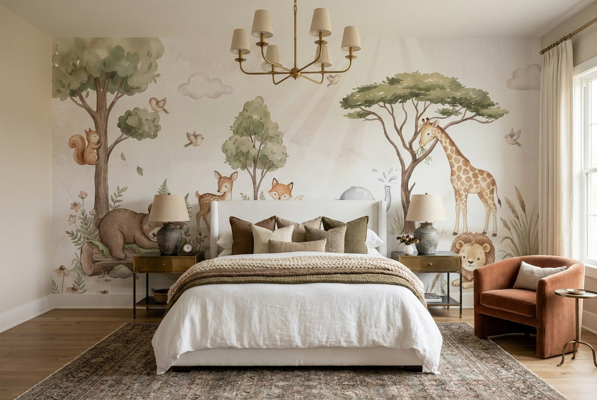 custom sage baby animals bedroom removable non woven vinyl stick on wallpaper mural