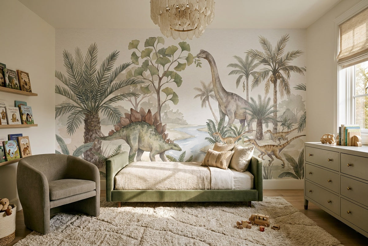 custom sage dinosaur kids removable non woven vinyl peel and stick wallpaper mural