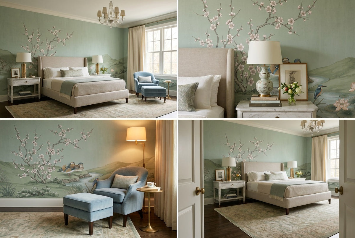 custom sage lotus bedroom removable non woven vinyl stick on wallpaper mural views