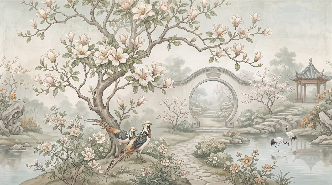 Sage Magnolia Moon Gate Garden Wallpaper Mural