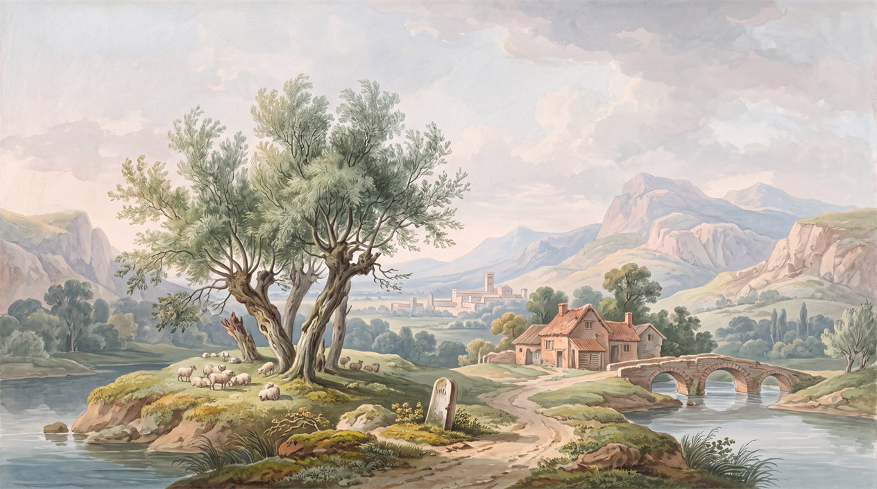Green Country Tree and Riverside Village Wallpaper Mural
