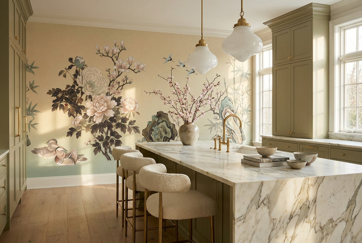 custom sand peony kitchen removable non woven vinyl self adhesive wallpaper mural