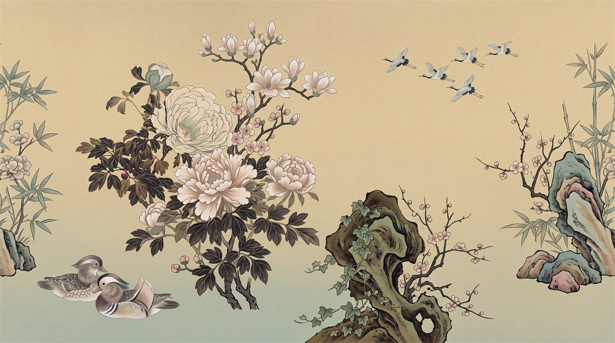 Warm Beige Peony And Rock Garden Wallpaper Mural