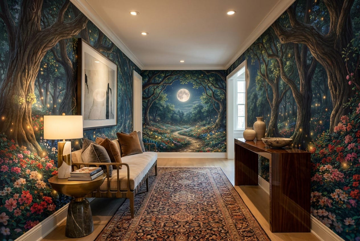 Sea Blue Firefly Nordic Night Forest Wallpaper Mural in custom