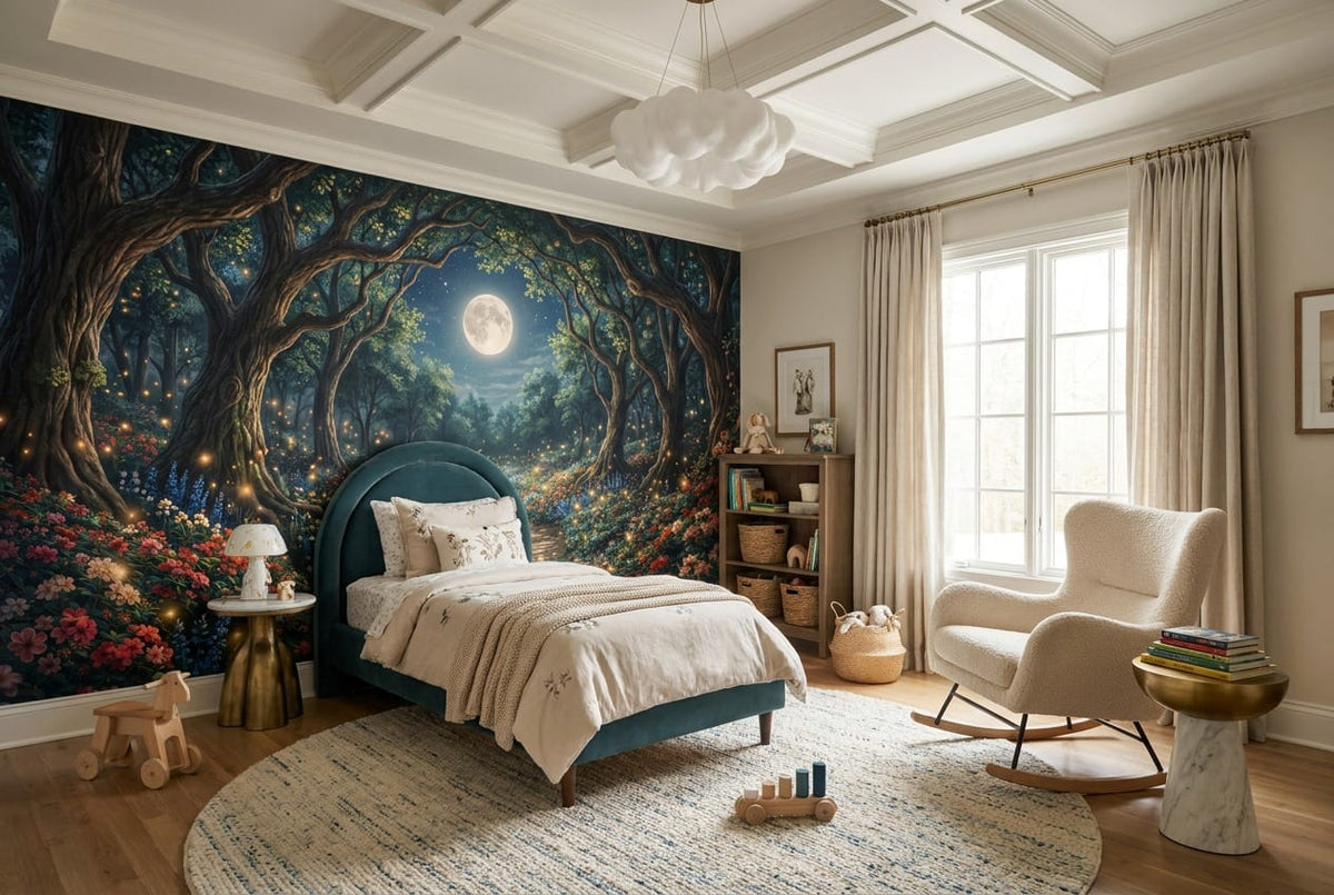Sea Blue Firefly Nordic Night Forest Wallpaper Mural in custom