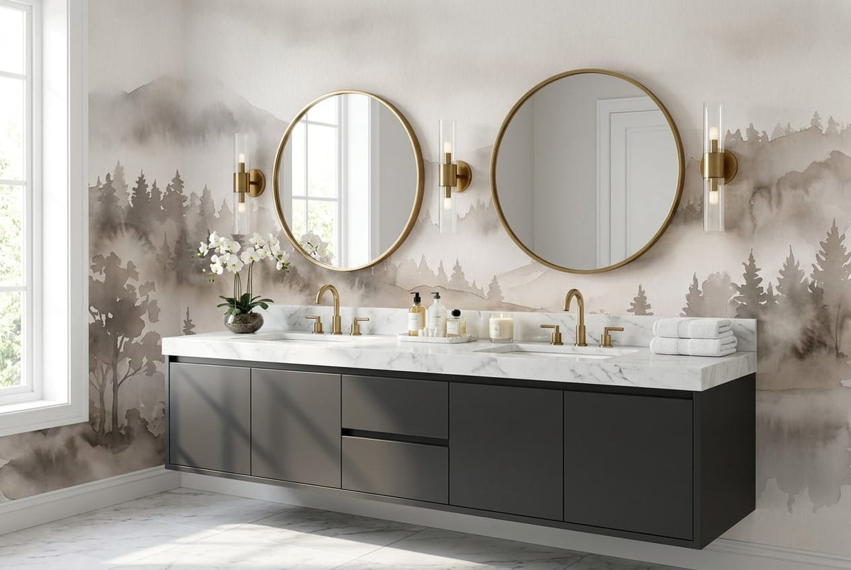 Sepia Watercolor Nordic Misty Forest Wallpaper Mural scene image