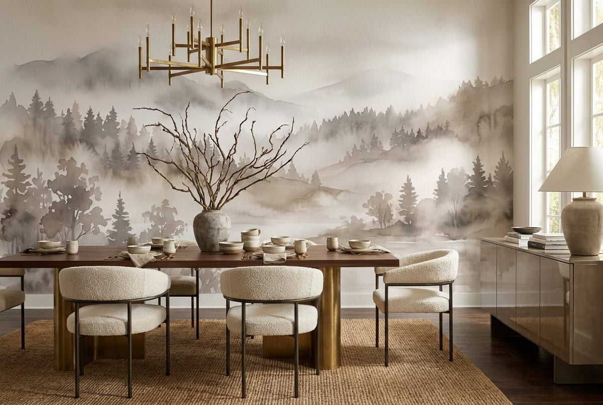 Sepia Watercolor Nordic Misty Forest Wallpaper Mural scene image